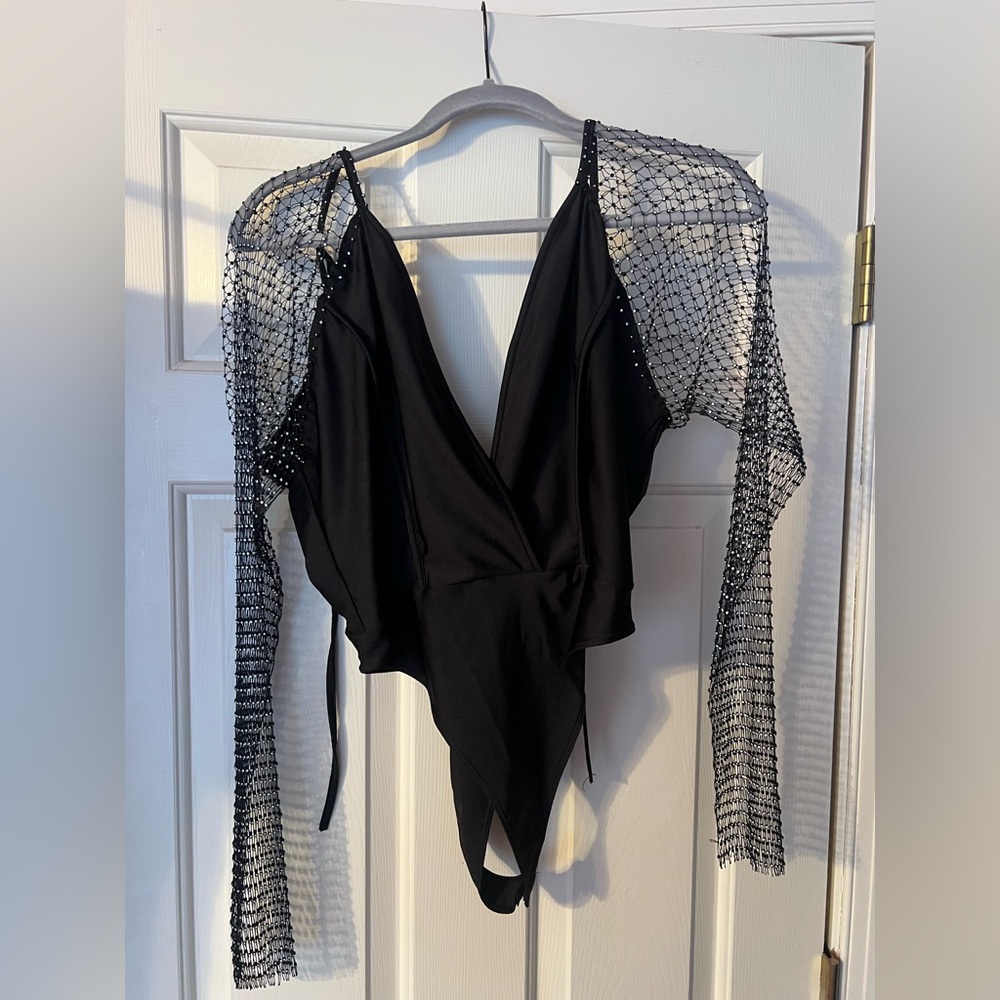 Black Bodysuit with Rhinestone Sleeves